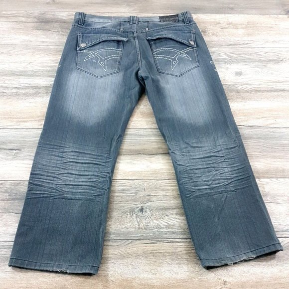 Chams Denim Jeans Men Women 36x28 Gray Distress Embriodered Casual Relaxed Wide - Picture 8 of 12